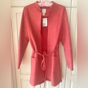 H&M Suede Coat Cardigan Coral pink red Tie Belt open front Women's size 2 New